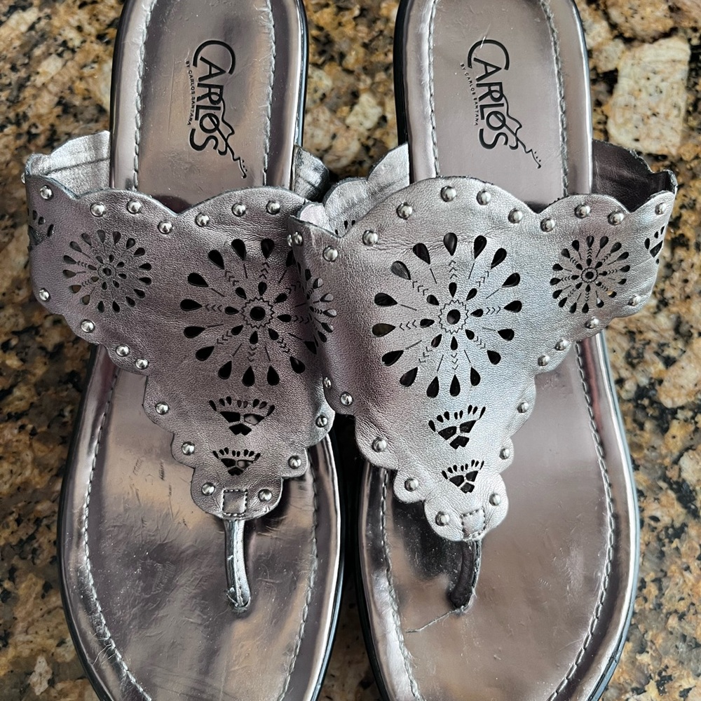 Pewter wedge sandals with silver studs